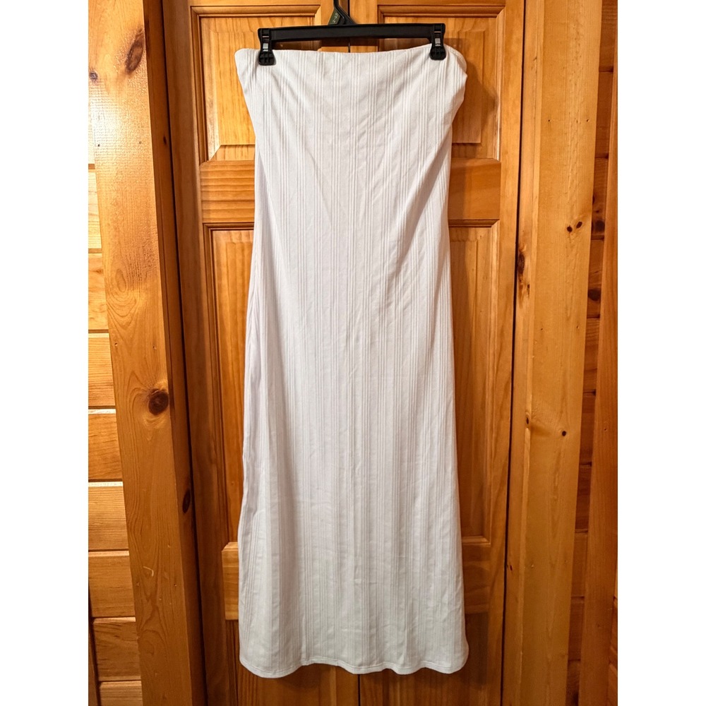 Vitamin A West Strapless Midi Dress White Organic Rib Knit Sz Large NWOT